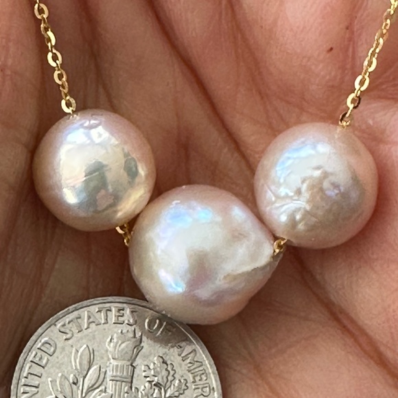 3 Cultured Pearls Floating on 14K Yellow Gold over 925 Silver Chain-Adjustable - Picture 4 of 11